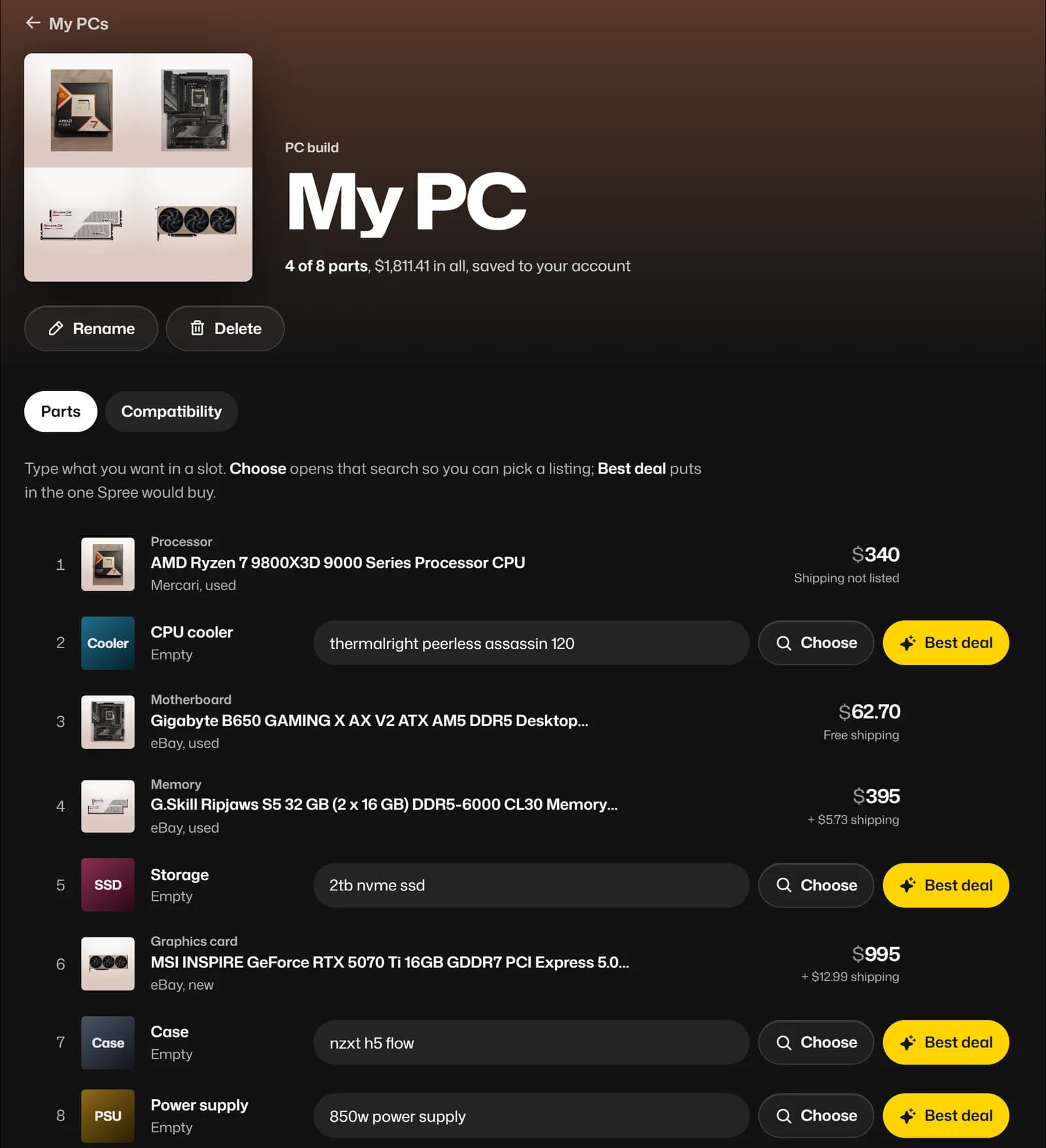 A PC build in Spree with four of eight parts: a Ryzen 7 9800X3D for $340, a Gigabyte B650 board for $62.70, 32GB of DDR5-6000 CL30 for $395 and an RTX 5070 Ti for $995, $1,811.41 in all. The empty slots have Choose and Best deal buttons.